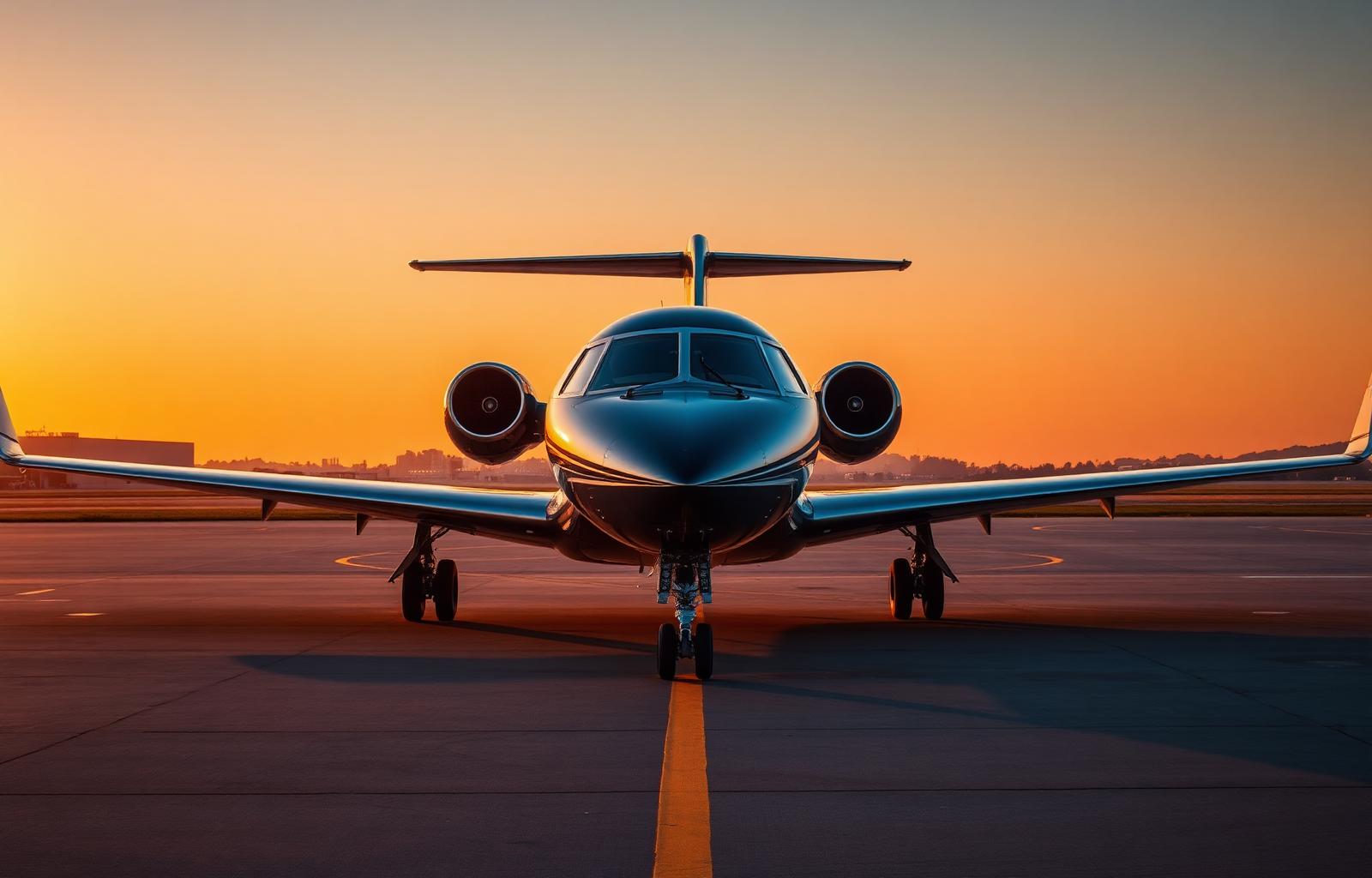 Private jet on the tarmac at dusk
